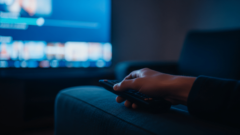 Hand on remote control with streaming autoplay countdown glowing on TV screen, 5 second