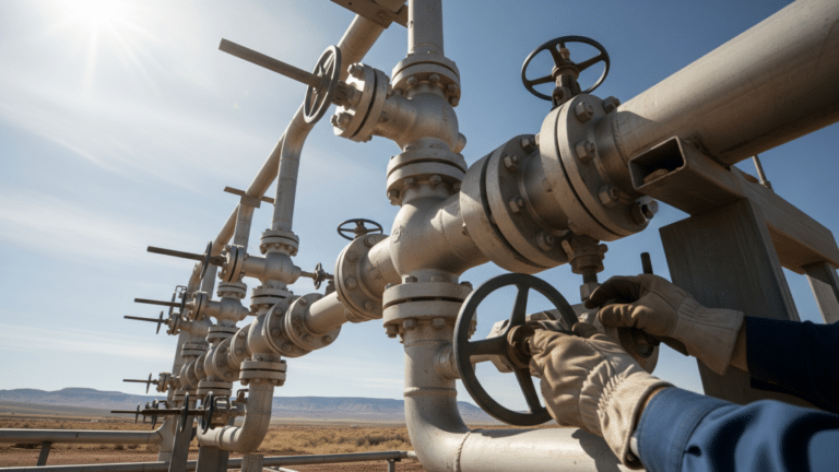 Steel wellhead manifold at an enhanced geothermal systems site in Utah desert, 500 megawatt