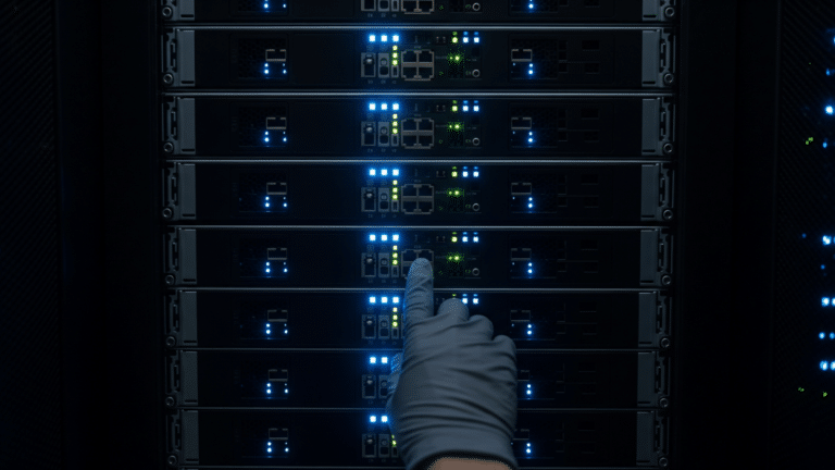 Server rack in a data center illustrating the SharePoint ToolShell hack, 9 8