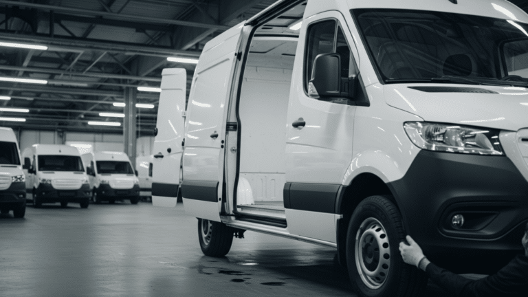 Electric commercial cargo van in a fleet depot during E-Transit battery recall inspection, 98 electric