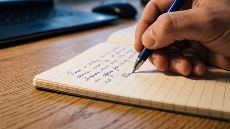 A hand writing cursive in a paper notebook, demonstrating handwriting memory habit, about 40