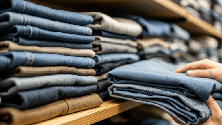Secondhand clothing stacked on a thrift store shelf, resale market, about 60
