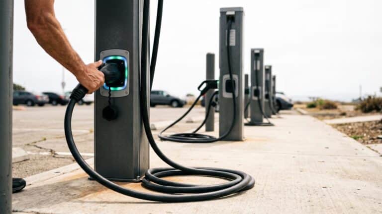 Commercial EV charging pedestals in a California parking lot showing demand charge infrastructure, across california