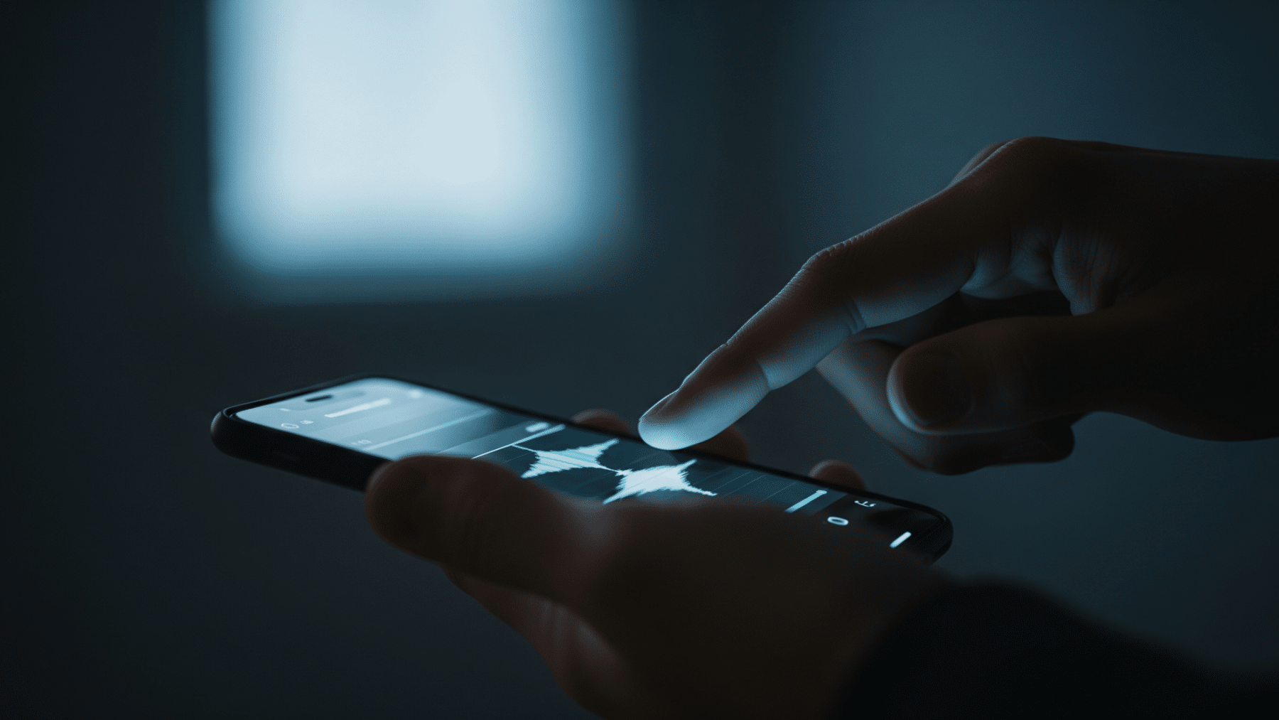 Hands holding a smartphone showing an AI music app waveform in cool studio light, ai app