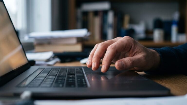 Hands scrolling a laptop screen showing AI authorship content