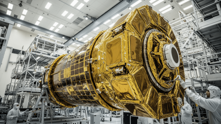 Technicians assembling an Amazon Leo satellite in a clean room facility, amazon renamed