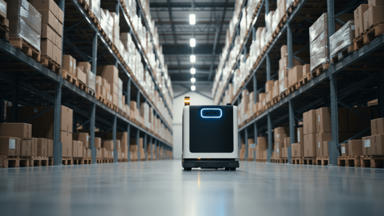 Autonomous Proteus robot moving through a fulfillment center warehouse aisle, amazon unveils