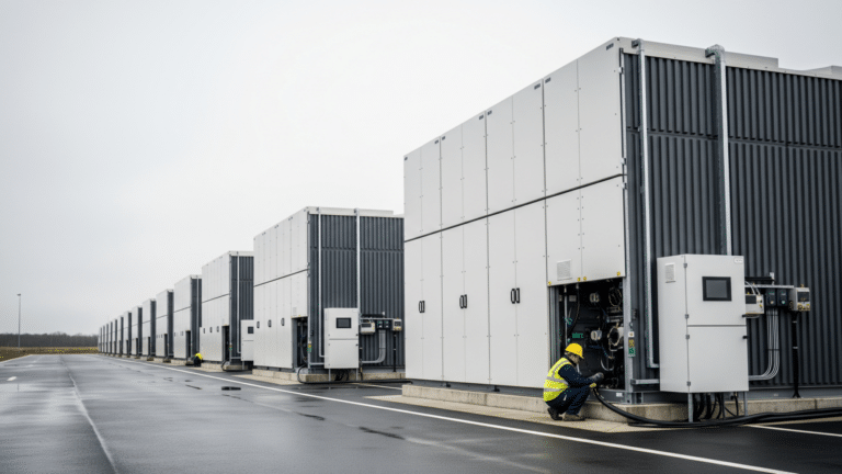 utility-scale battery storage cabinets at a grid facility, battery storage