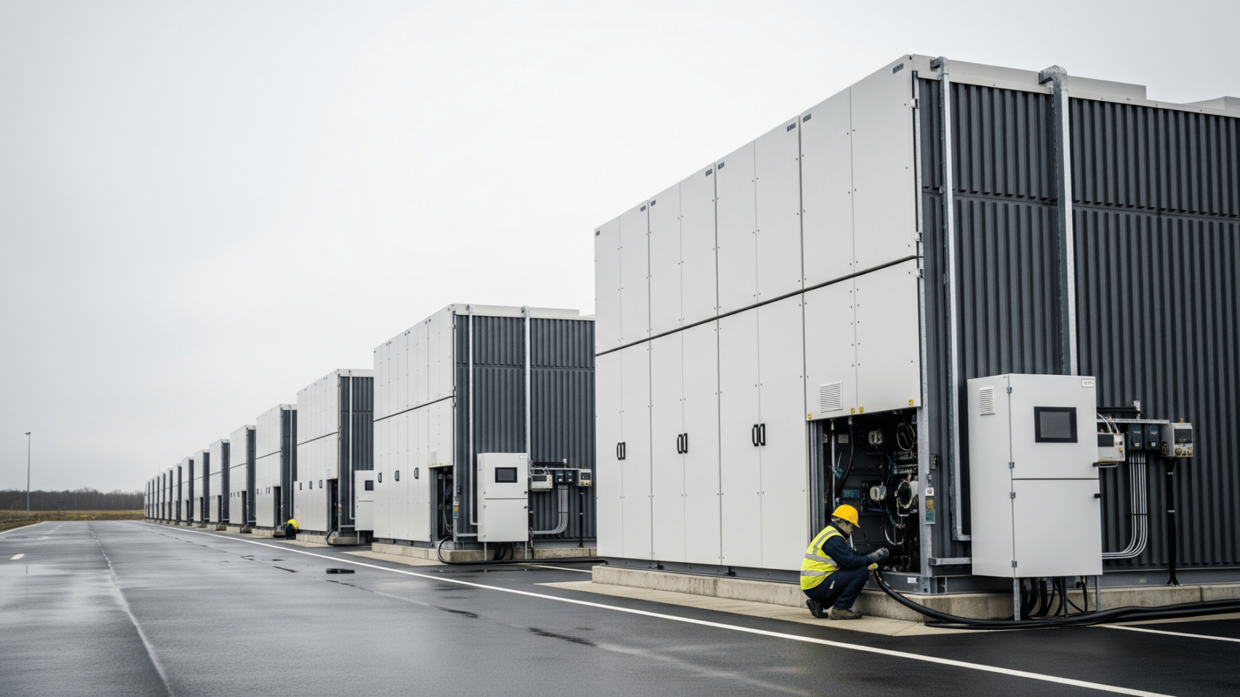 utility-scale battery storage cabinets at a grid facility, battery storage