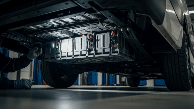 technician inspecting electric work van high-voltage battery pack in fleet service bay