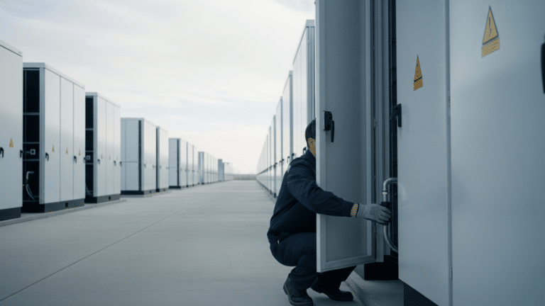 Row of utility-scale grid battery storage containers on an industrial site, america plugged