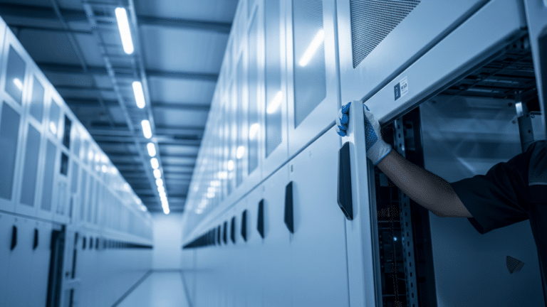 Rows of utility-scale battery storage cabinets inside a grid energy facility, america s