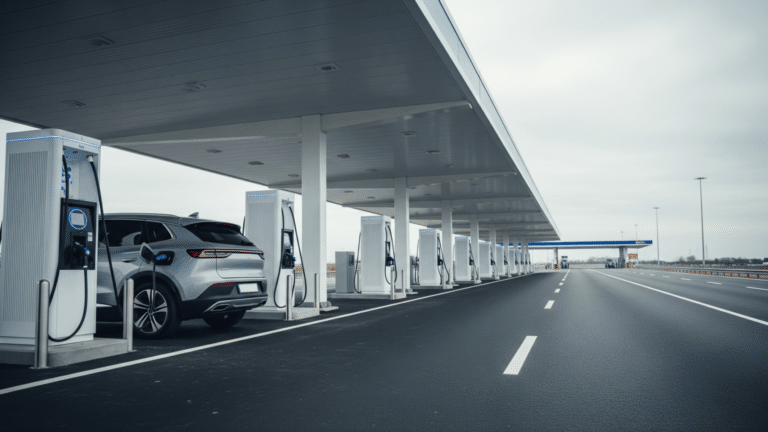 A row of DC fast-charging dispensers at a highway travel center fast-charging location, america s