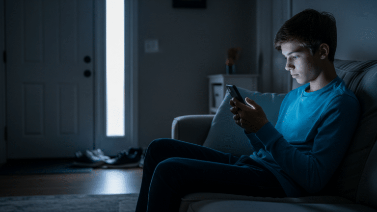 Teenager alone indoors on phone, spending less time with friends, american teenagers