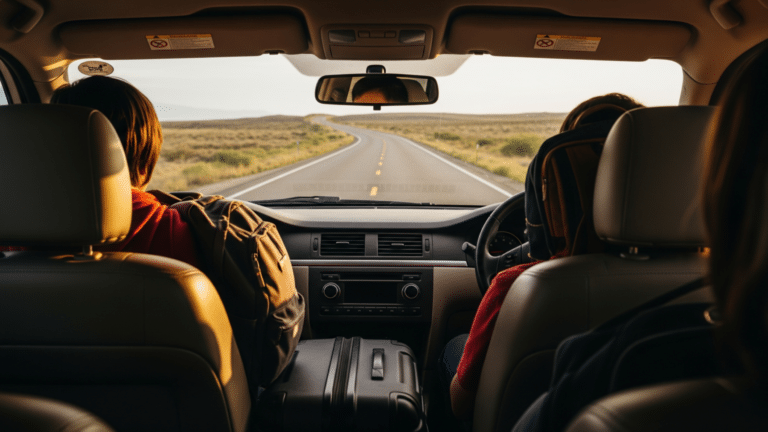 Packed car on American highway illustrating vacation non-negotiable travel trend, americans call