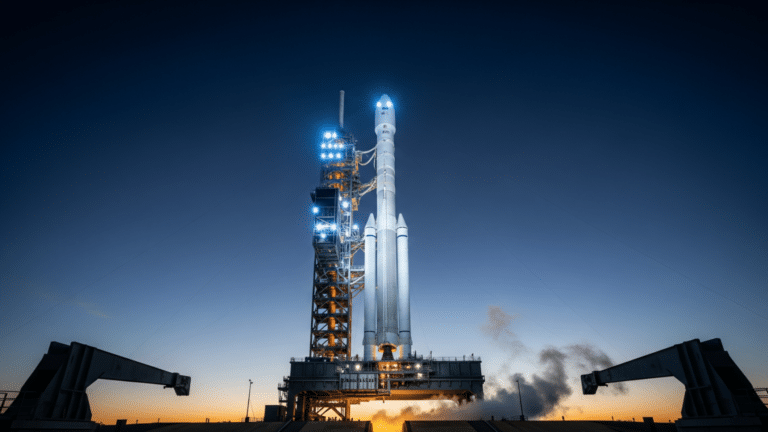 Falcon 9 rocket on launch pad carrying BlueBird satellites before dawn