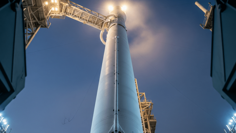Falcon 9 rocket on a pre-dawn launch pad carrying BlueBird satellites