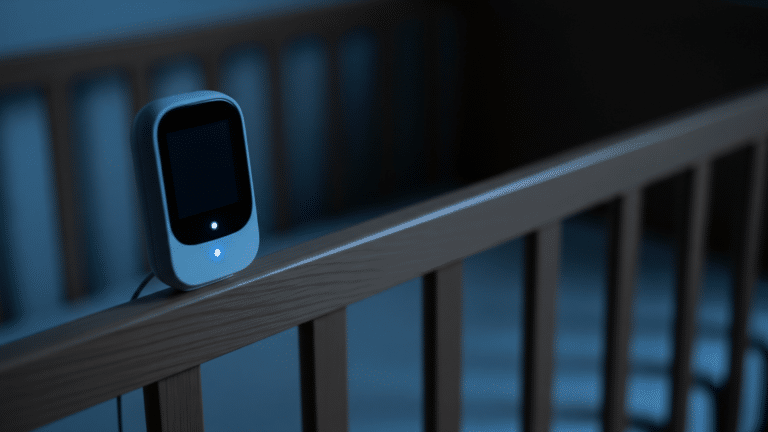 Wi-Fi baby monitor on a crib rail in a dark nursery