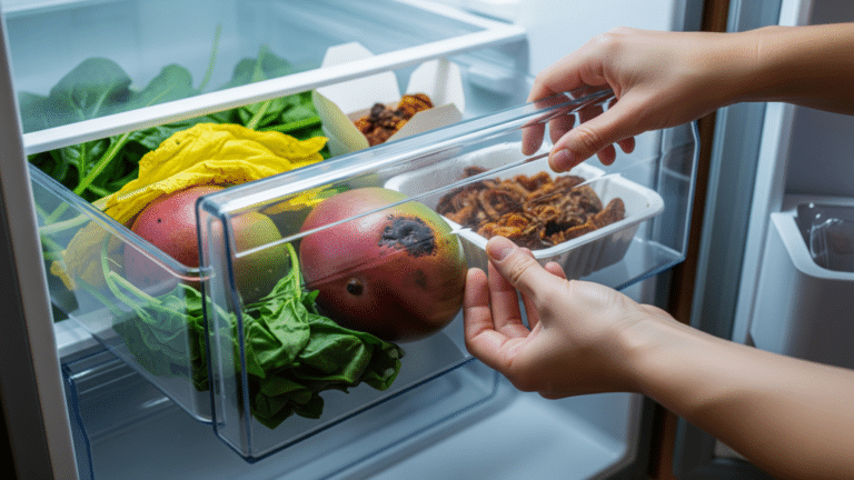 Wilting produce in a refrigerator drawer illustrating household food waste cost, spinach gone