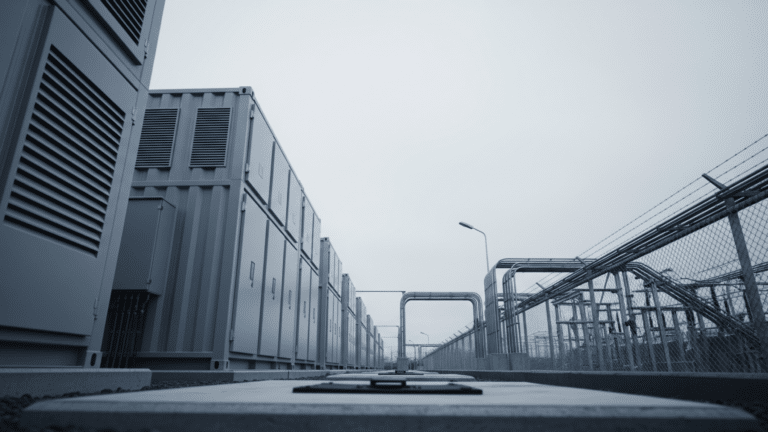 Industrial battery storage enclosures at an outdoor utility substation under overcast sky