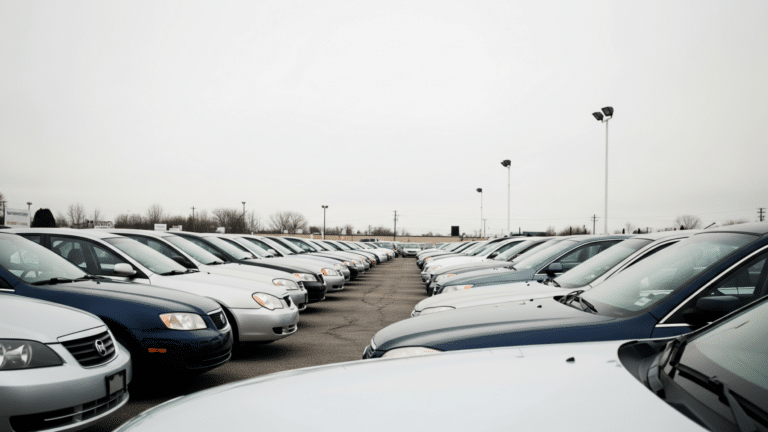 Rows of used cars on a wholesale auction lot under overcast sky, between 35