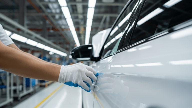 BMW iX3 electric SUV rolling off a factory assembly line, brand new