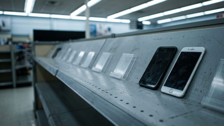 Nearly empty retail shelf showing budget smartphone decline