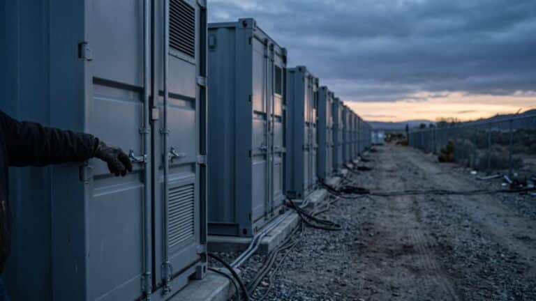 Industrial battery fleet containers at dusk showing utility-scale battery fleet discharge site