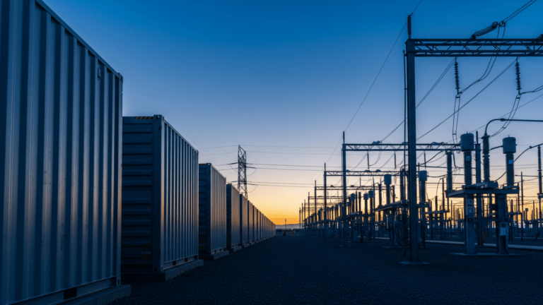 Rows of utility-scale battery storage containers at dusk, illustrating a California battery storage record, california s
