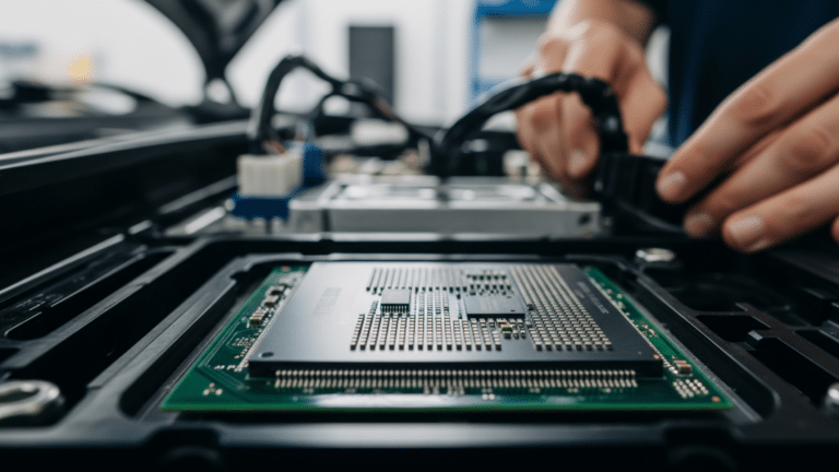 automotive chip circuit board mounted inside a vehicle computing module, car computer