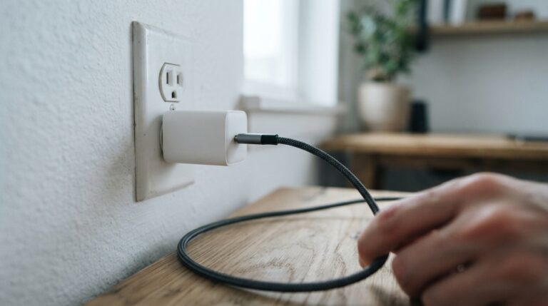 Compact USB-C charging brick plugged into wall outlet with cable