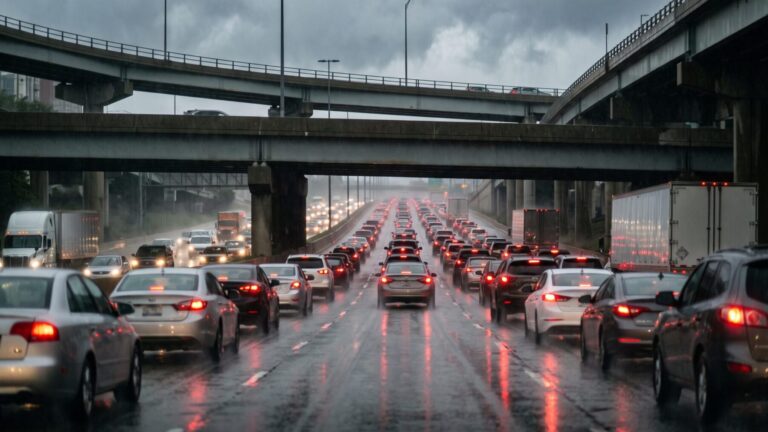 packed Chicago expressway at dusk showing traffic congestion cost, chicago drivers