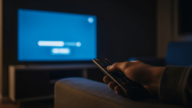 hand holding TV remote as autoplay countdown glows on screen, color wipe