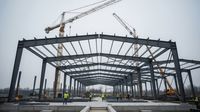 Steel frame of a new commercial vehicle plant under construction with cranes overhead