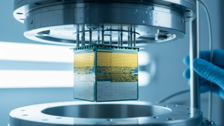 Superconducting quantum processor inside a dilution refrigerator in a research lab, d wave