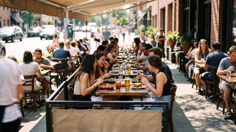 Busy summer restaurant terrace with diners dining out on a city sidewalk