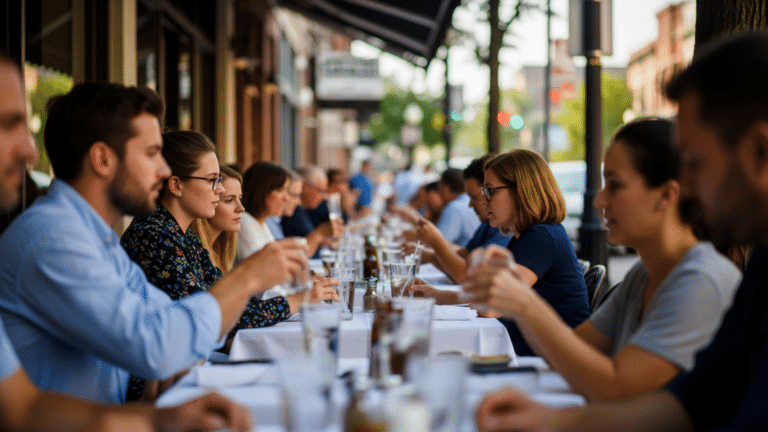 Busy outdoor restaurant terrace packed with summer diners on a sunny afternoon, dining out