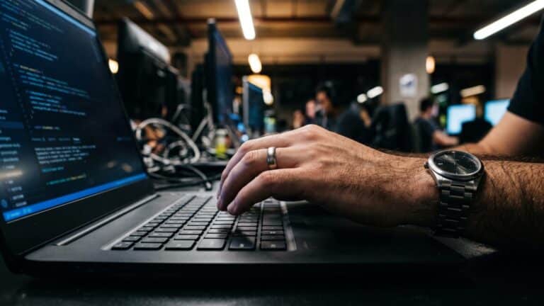 Developer hands on a laptop running Docker Desktop in a dim office