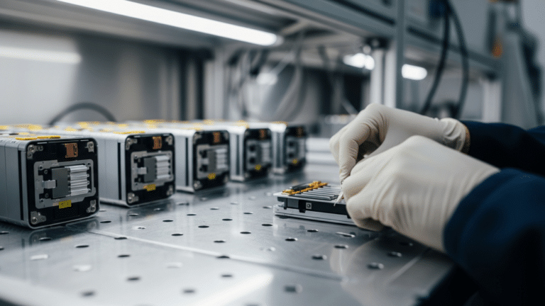 Technician's gloved hands assembling a prototype energy storage cell in a laboratory
