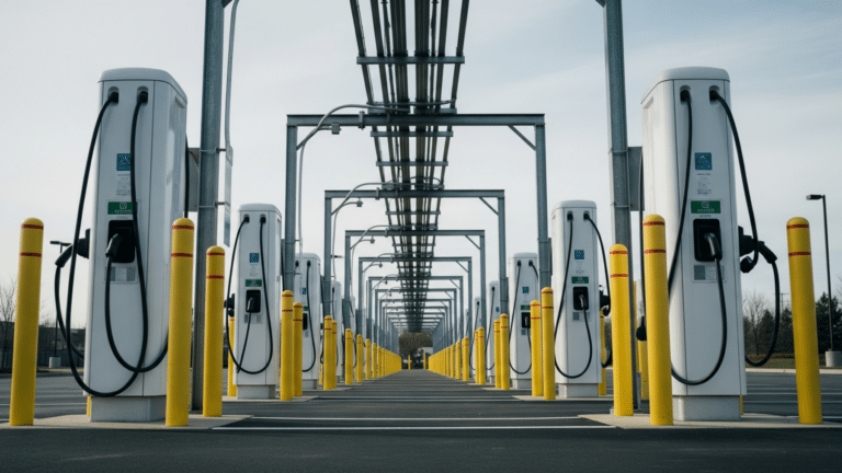 Row of idle EV charging stations under overcast sky illustrating EV grid load uncertainty, eia projects