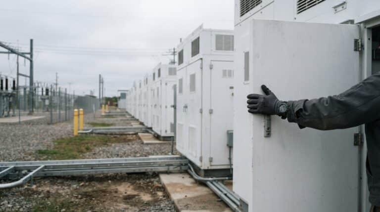 Utility-scale battery storage cabinets at an outdoor grid facility under overcast light