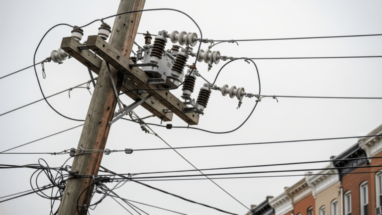 Utility pole and power lines in a Baltimore neighborhood, electric rate increase