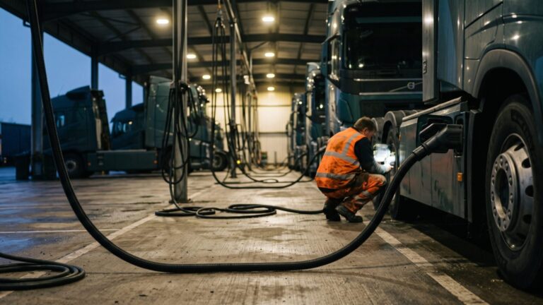 Electric truck depot with heavy-duty charging cables at night