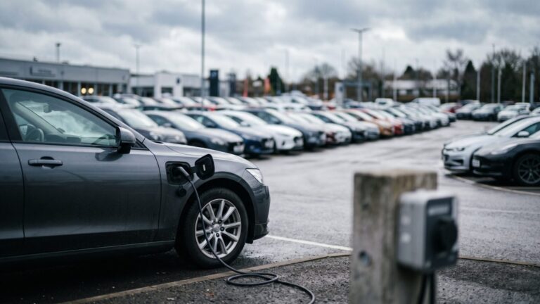 EV incentives at record low as a charging cable rests in a car door on a dealer lot, electric vehicle