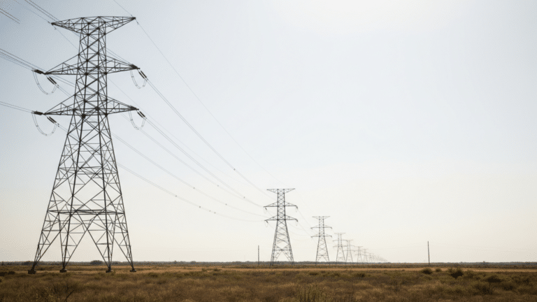 High-voltage transmission towers on the ERCOT grid under harsh Texas summer sun