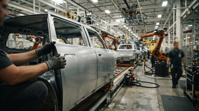 Inside an EV factory production line building a midsize SUV