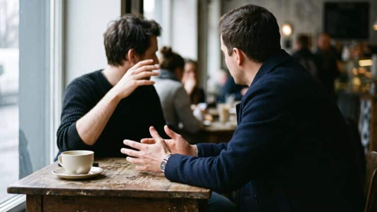 Two people engaged in face-to-face conversation at a cafe table