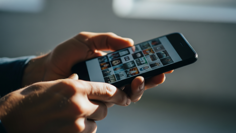 Hands scrolling a smartphone showing a Facebook feed redesign, facebook overhauls