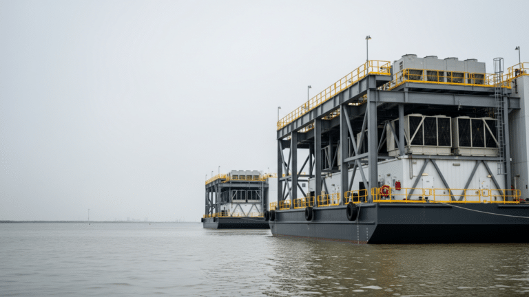 Moored floating data center platform on a wide waterway under overcast sky, floating data centers