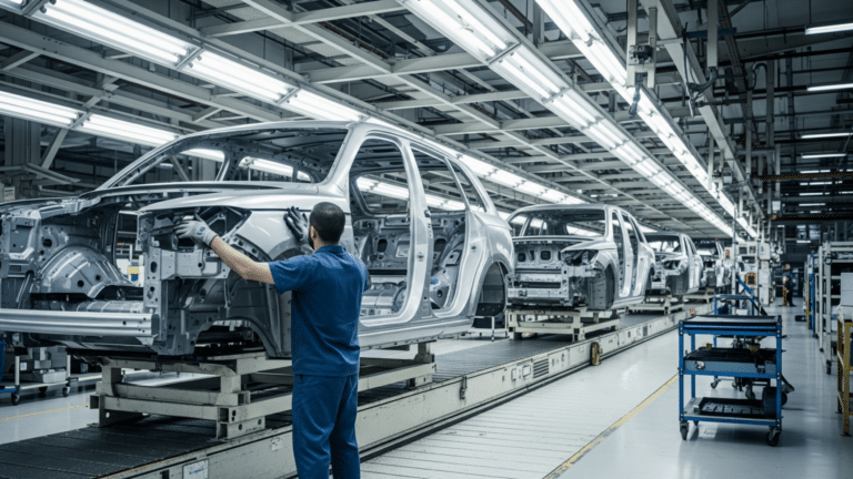 Workers on a US automotive assembly line building a luxury SUV during Lincoln production